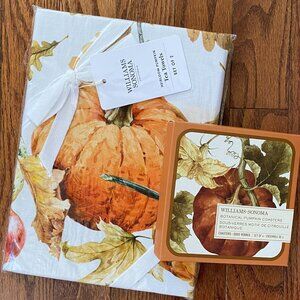 NEW Williams Sonoma Heirloom Pumpkin Tea Towels (2) & Botanical Pumpkin Coasters